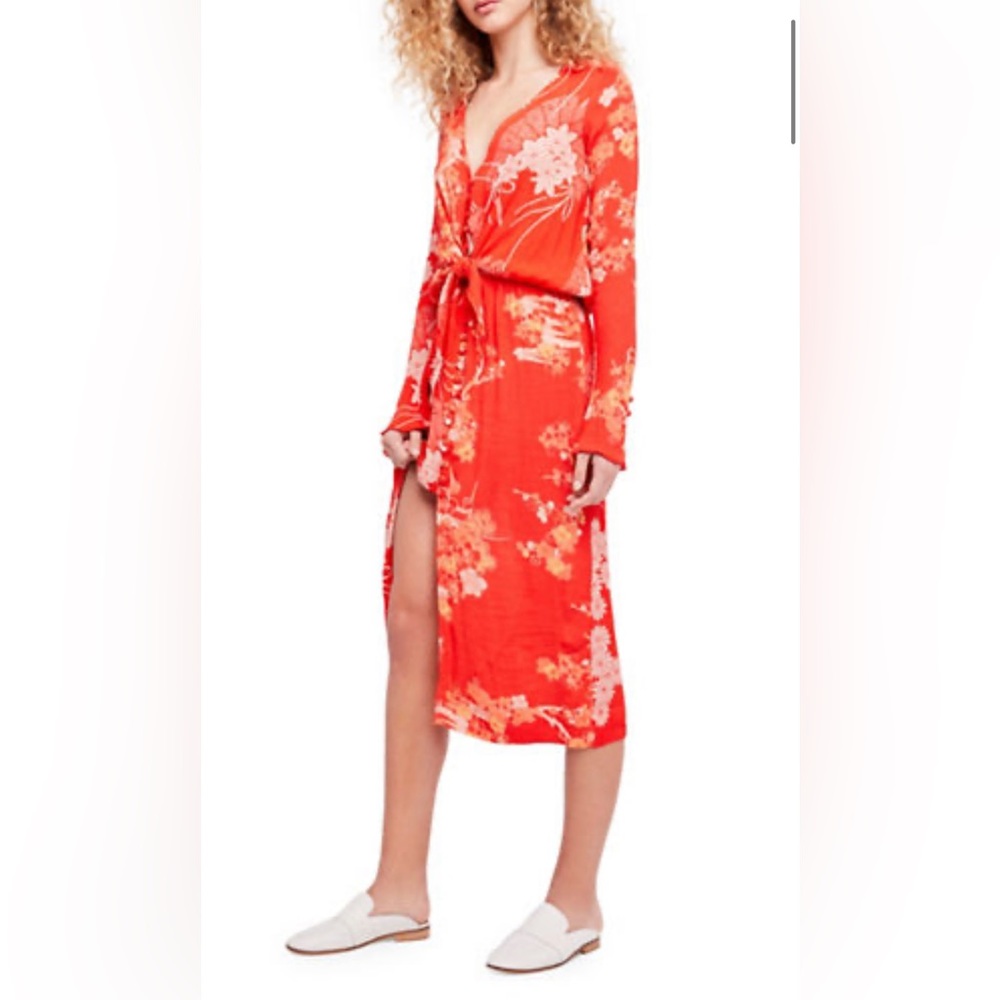 Free People Mixed Print Twist Dress-RED-Small